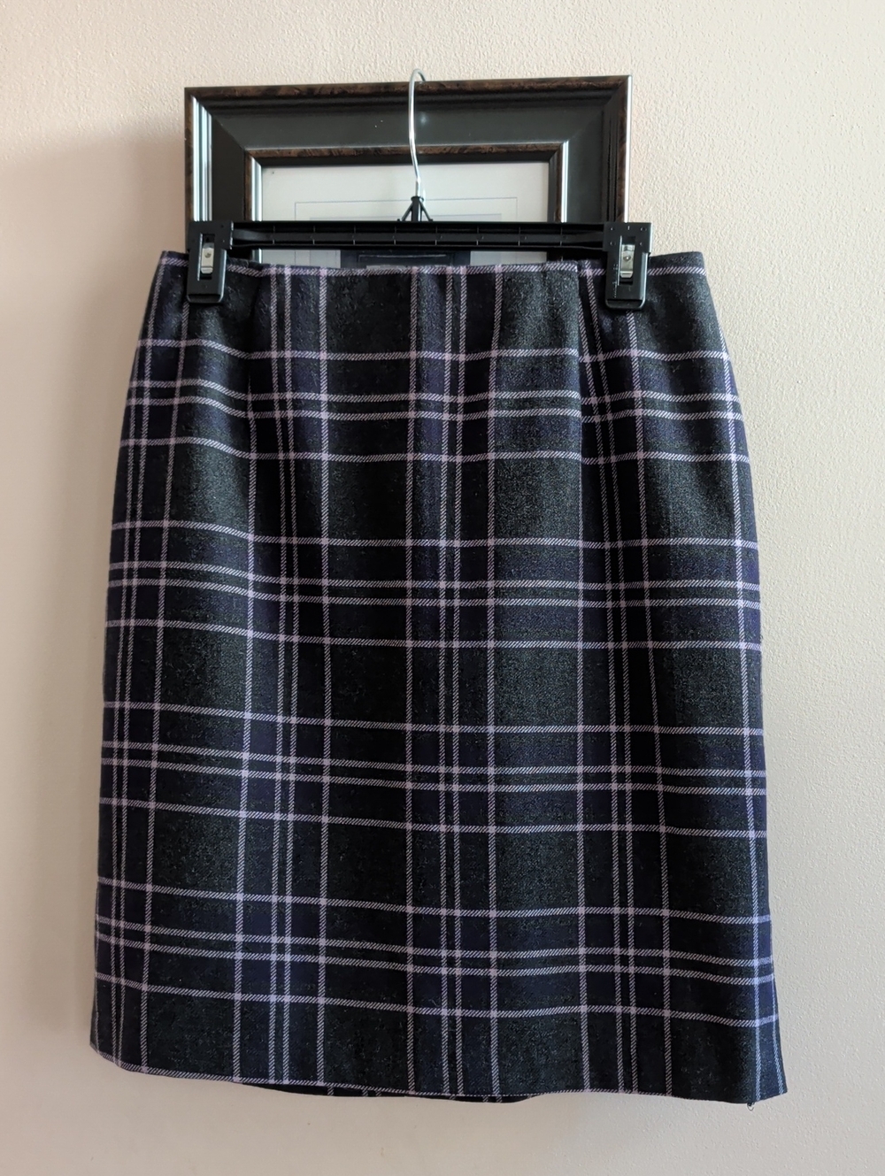 Tribal Vintage Dark Grey Plaid Wool Blend A-Line Skirt with Lavender Windowpane
